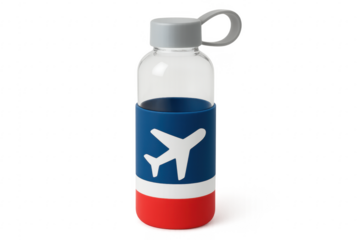 Empty transparent water bottle with airplane logo on transparent background