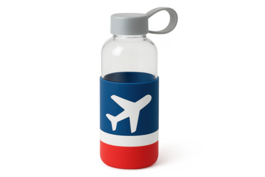 Empty transparent water bottle with airplane logo on transparent background - Powered by Adobe