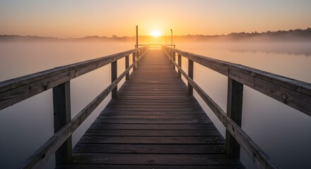 Fototapeta premium Golden sunrise shines over wooden pier with moody fog. Use for travel photography, posters, or nature-inspired branding.