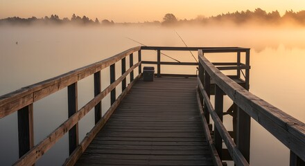 Obraz premium Golden wood pier reflects in lake with soft morning light. Atmospheric photography for travel posters, outdoor promotions.