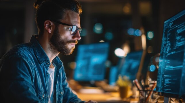 Cybersecurity analyst in medium focus studying email origin data with blurred notes and equipment visible behind to suggest workflow.