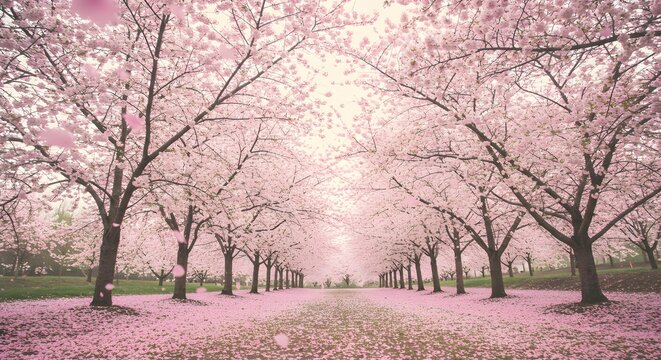 Pink cherry blossom alley blooms, casting soft shadows. Spring texture photo for branding, posters, and romantic backgrounds.