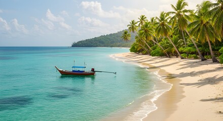 Fototapeta premium Teal beach view features longtail boat, white sand, and palm trees. Summer travel poster, vacation backdrop, tropical background.