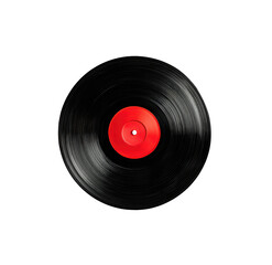 Fototapeta premium Close-up of a black vinyl record with a red center, set against a pure black background. The record's grooves are subtly blurred, suggesting rotation