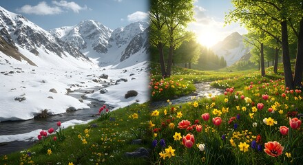 Half winter/summer scene. Snow and flowers. Landscape, mountain, forest. Travel posters, wallpaper, or travel branding.