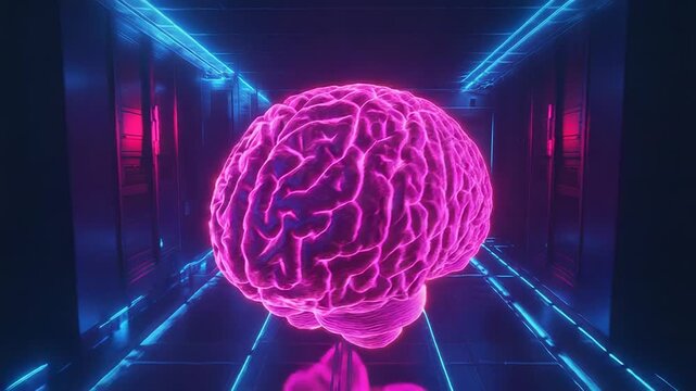 Glowing purple wireframe brain floating in futuristic room with blue lights - Powered by Adobe