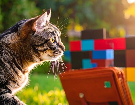 Tabby cat in park, colorful background