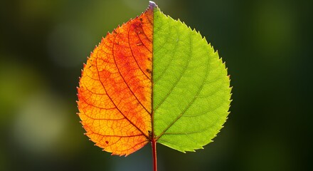 Green and orange leaf shows texture. Backlit surface suits abstract backgrounds, wallpaper, seasonal templates, nature posters, or autumn branding.