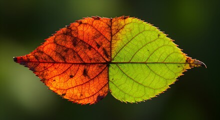Obraz premium Orange and green leaf reveals intricate veins. Backlit studio shot. Great for plant-related backgrounds, posters, product staging.