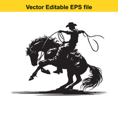 Silhouette of a cowboy riding a bucking horse with a lasso, isolated on white background