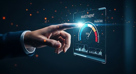 Investment risk meter concept. A finger points to a "Moderate" risk level on a speedometer-style holographic meter on a financial interface.