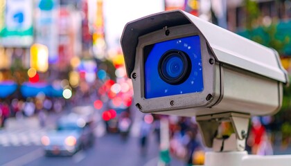 Security camera in a bustling city street at night