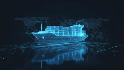 Concept of smart logistics and fleet management. A holographic modern cargo ship with containers, set against a dark background enhanced by digital connections and blue light effects
