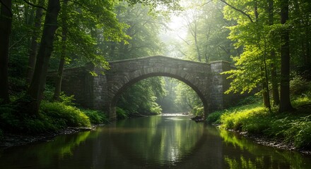 Emerald mossy texture frames aged stone bridge in misty forest. Ideal for travel backdrop, editorial illustration, or fantasy novel cover.