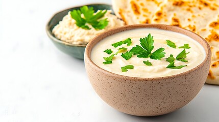 Creamy hummus dip with fresh parsley and naan bread