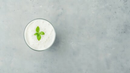 Refreshing yogurt drink with mint garnish on gray background