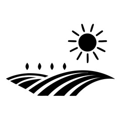 Sun over field illustration with arable land and trees. Minimalist sun over field for agriculture and nature concepts, representing sunshine over cultivated land and a few distant trees.