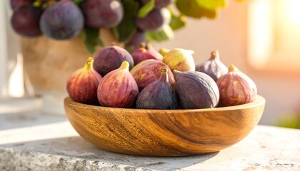 Fresh figs in a wooden bowl outdoors
