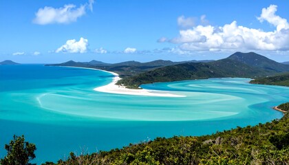 Fototapeta premium Panoramic view of a pristine bay with a white sand beach