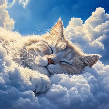 Realistic fluffy cloud shaped like a playful kitten against a clear blue sky, with sunlit highlights, shadows, and detailed lifelike textures.