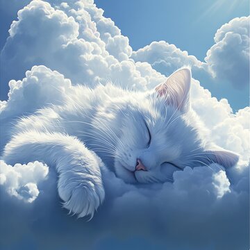 Realistic fluffy cloud shaped like a playful kitten against a clear blue sky, with sunlit highlights, shadows, and detailed lifelike textures.