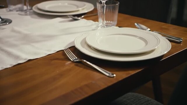 A table setting with plates, silverware, a glass, and a white runner on a wood table