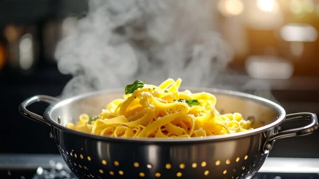 Hot pasta draining in colander