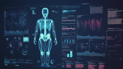 Futuristic interface showing human skeleton and medical data analysis - Powered by Adobe