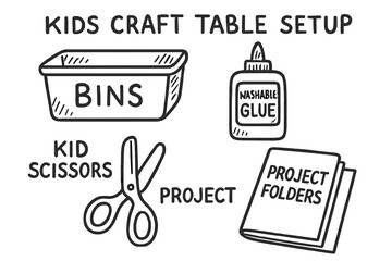 Naklejka premium Kids Craft Table. Kids craft table setup doodle set: hand drawn icons for bins, washable glue, kid scissors, and project folders,