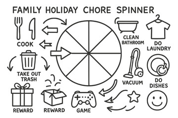 Holiday Chore Spinner Doodle. Family holiday chore spinner doodle set: hand drawn icons for task slices, arrows, icons, and reward