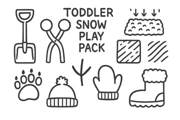 Toddler Snow Play Doodles. Toddler snow play pack doodle set: hand drawn icons for scoop tools, texture mats, animal prints, and