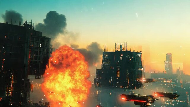 Spaceships attacking futuristic city during war