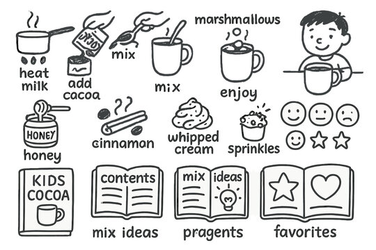Kids Cocoa Doodles. Kids cocoa recipe book doodle set: hand drawn icons for illustrated steps, mix ideas, ratings, and themed