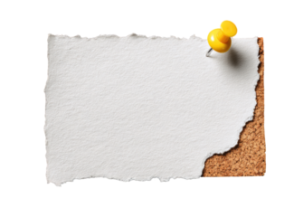 A blank, torn piece of white paper affixed to corkboard with a yellow pushpin