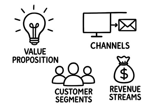 Business Model Doodles. Business model canvas doodle set: hand drawn icons for value proposition, channels, customer segments, and
