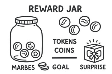 Reward Jar Doodles. Kids reward jar doodle set: hand drawn icons for marbles, tokens, coins, goal lines, and surprise box,