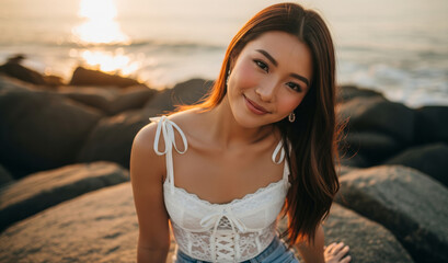 A young woman stands on a rock near the sea, against the backdrop of the sea in the evening.