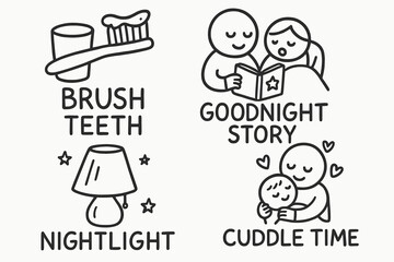 Bedtime Routine Doodles. Family bedtime routine doodle set: hand drawn icons for brushing teeth, goodnight story, nightlight, and