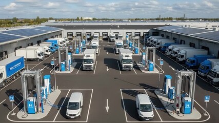 Electric Vehicle Charging Station: A modern and sustainable electric vehicle charging station, featuring a fleet of charging trucks and vans, represents the future of green transportation. - Powered by Adobe