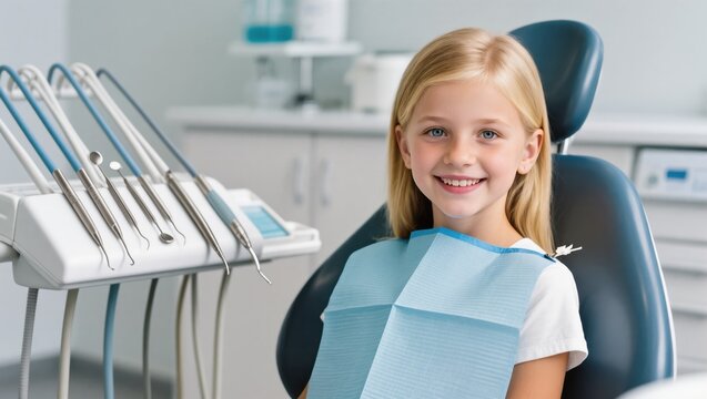 Young Girl Smiles While Sitting in Dental Chair During Routine Checkup at Clinic - Powered by Adobe
