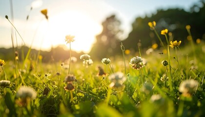 A sunlit meadow of wildflowers, with the sun shining brightly in the blurred background