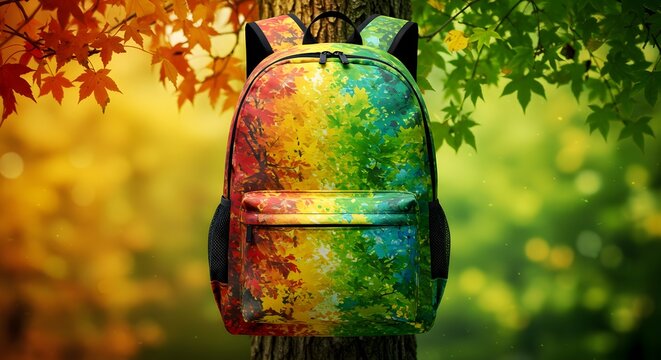 Colorful leaves print backpack sits against blurred tree, autumn style. Great for product display, branding, and posters.