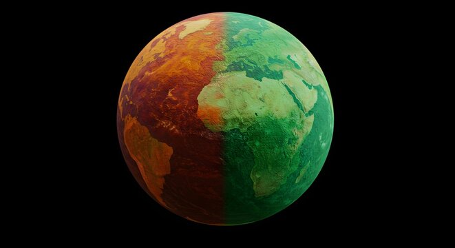 Split Green-Red Globe Shows Earth's Environmental Transformation. Depicts Abstract Planet. Use for Climate Change Awareness, Poster Design, Presentation.