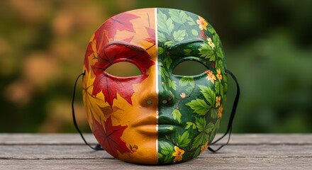 Vivid mask divides seasons: autumnal hues meet lush green foliage. Great for theater, design, branding, or themed social media campaign.