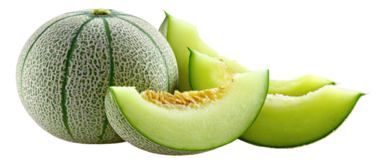 Fresh cantaloupe slices and whole melon