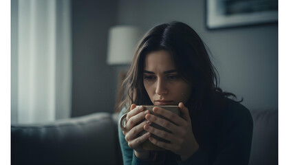 Lonely Woman Holding Coffee Mug in Dimly Lit Living Room, Cinematic Realism