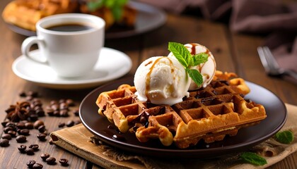 Appetizing brunch scene featuring waffles, ice cream, coffee, and mint on a rustic wooden surface