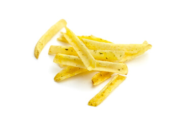 Potato stick chips arranged artistically on a clean white background, showcasing their crispy texture and appealing golden color, perfect for snack lovers and culinary presentations