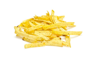 Potato stick chips arranged in a casual pile on a white background, showcasing their crispy texture...