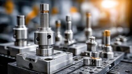 Fototapeta premium Dynamic shot of lightweight highstrength metal alloy parts in factory setting with the key component in focus surrounding tools and workers subtly out of focus to stress
